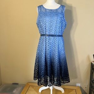 Chetta B Blue Floral Lace Gradient Ombre Two Layer Belted Dress Size 16